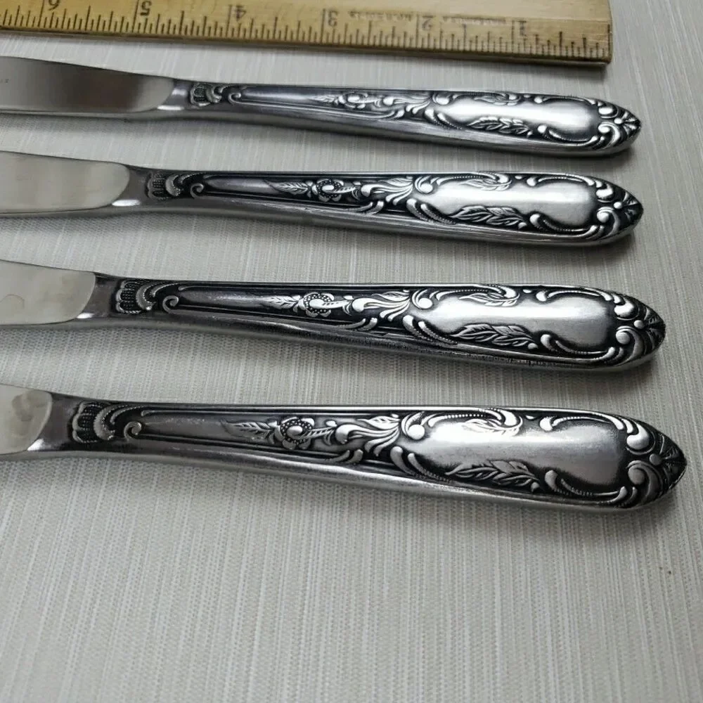Amefa Dinner Knives Stainless Holland AFS1 4 Pcs Scroll Leaf Flatware Silverware